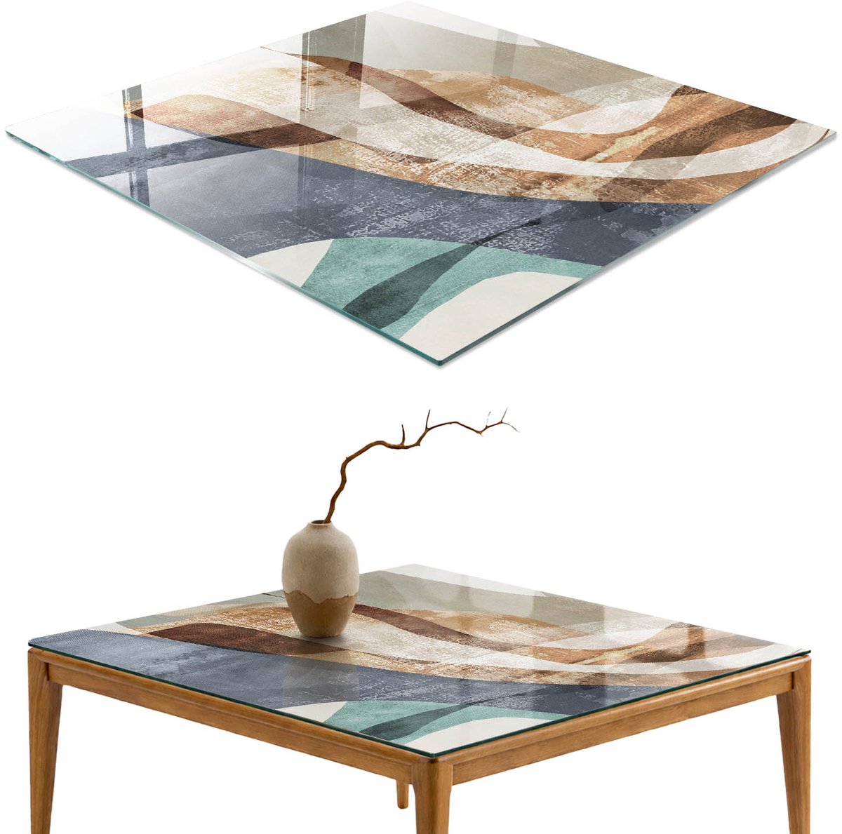 ArtPrintCave Elegante compositie Glazen Tafelblad - 50x50 cm - Tafelblad Vierkanten - Bruin Keukentafel - Abstractie Keukentafel