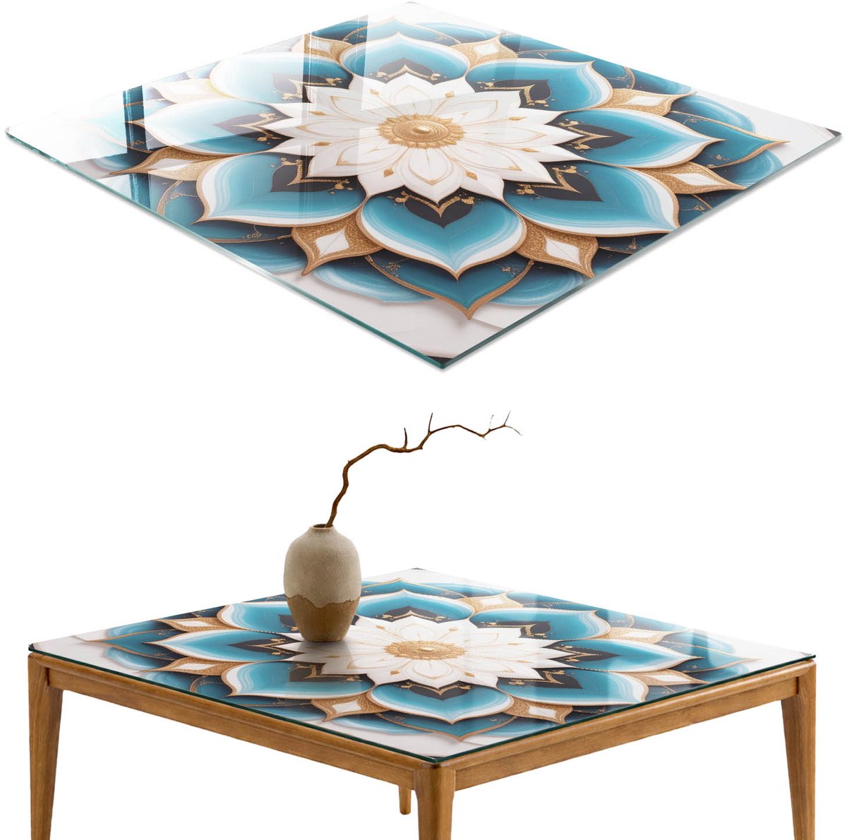 ArtPrintCave Bloemenmandala Glazen Tafelblad - 50x50 cm - Tafelblad Vierkanten - Turkoois Glasplaat - Abstractie Terrastafel