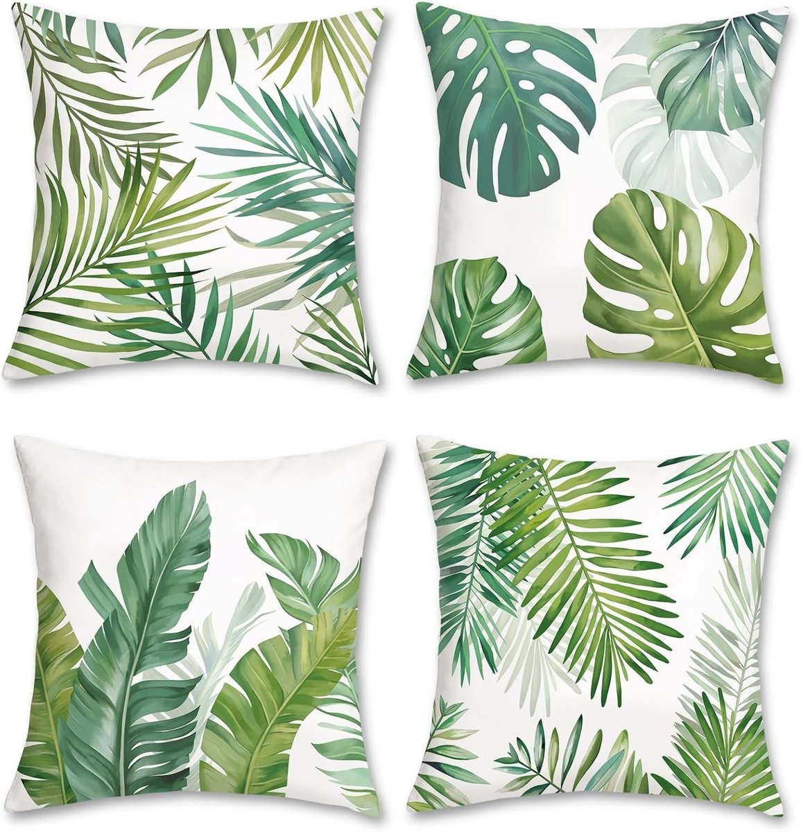 Set van 4 Kussenhoezen met Tropische Bladeren 45 x 45 cm, Groene Palmbladeren, Zachte Velours Kussens voor Sofa, Tuin en Zomerdecoratie