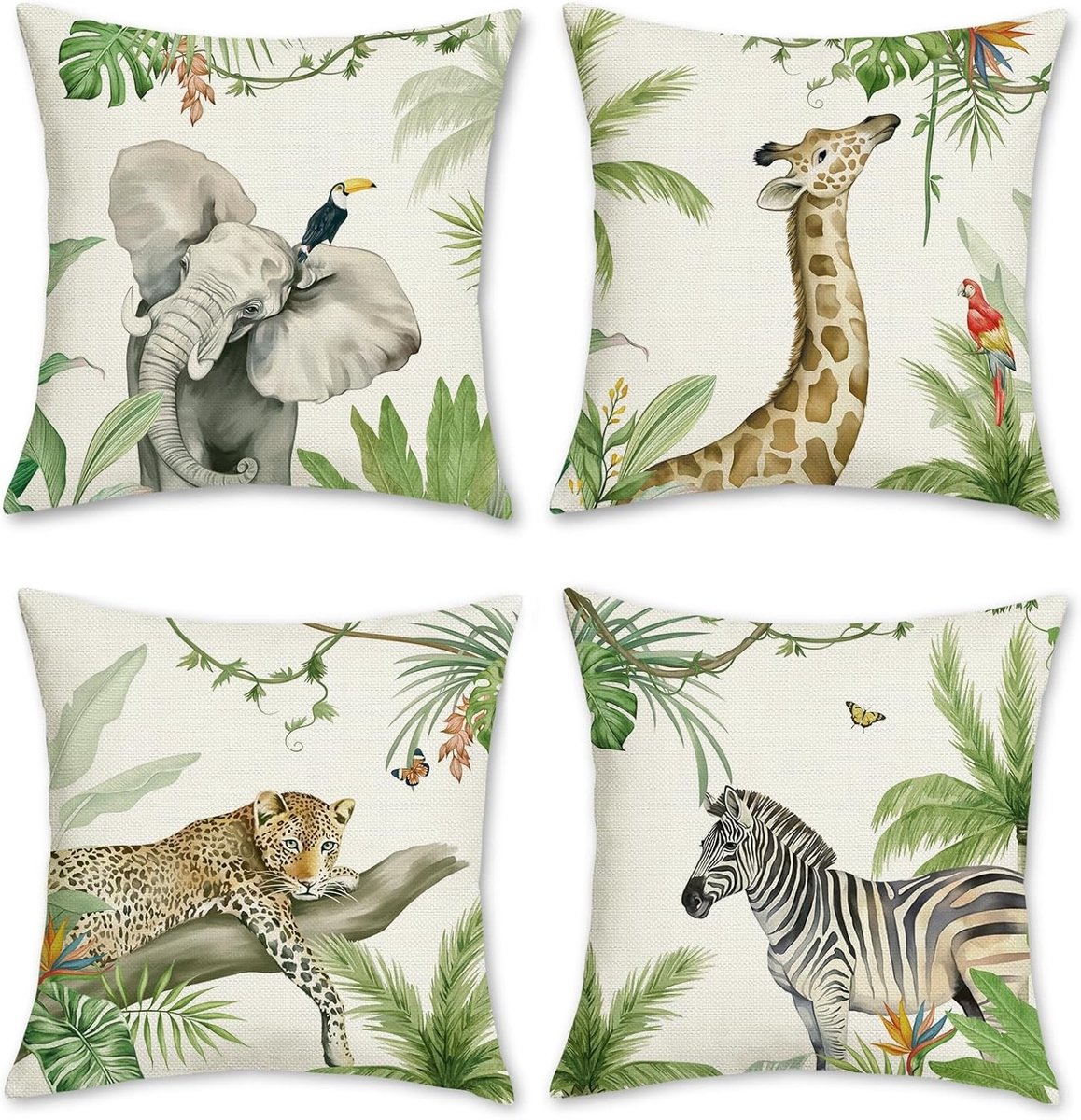 Tropische Dier Kussenhoezen 45 x 45 cm - Olifant, Giraffe, Luipaard en Zebra - Decoratieve Kussens voor Bank, Bed en Tuin - Set van 4 voor Zomerdecoratie