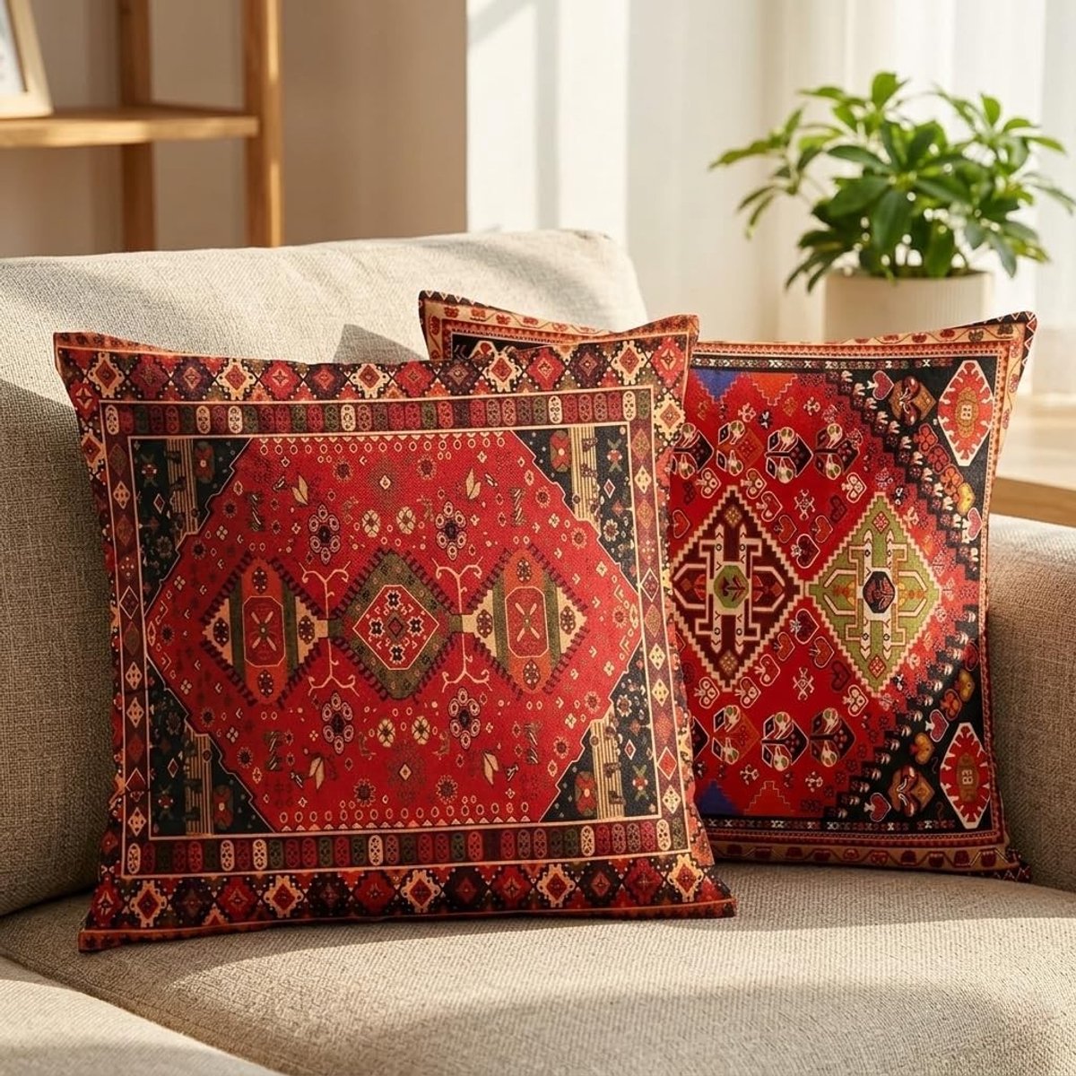Set van 2 Kussenhoezen met Perzisch Patroon, 45 x 45 cm, Rood en Zwart voor Boho Vintage Decoratie en Interieurstyling
