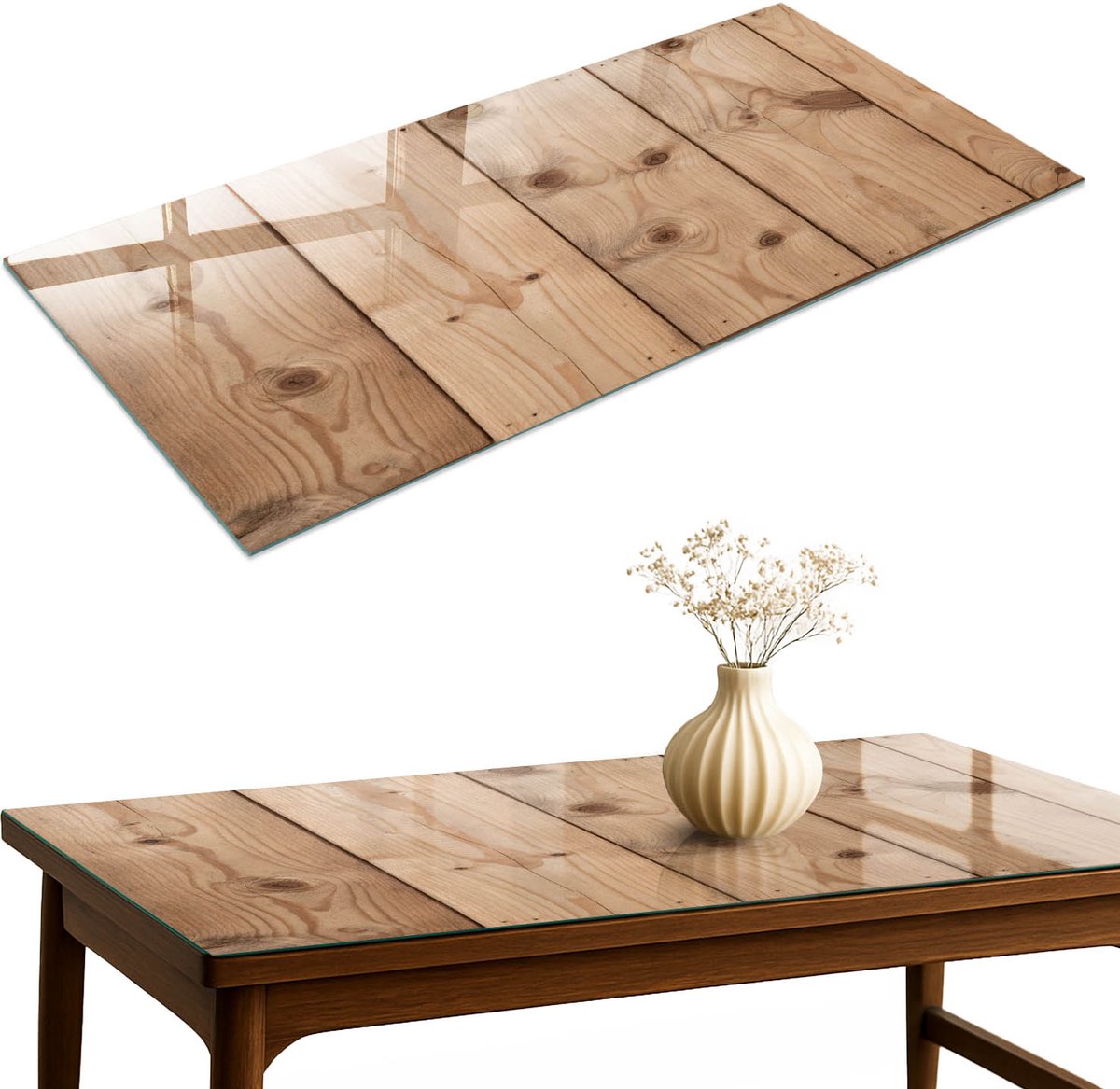 ArtPrintCave Houten panelen Glazen Tafelblad 120x60 cm - Tafelblad Rechthoek - Beige Glasplaat - Texturen Terrastafel