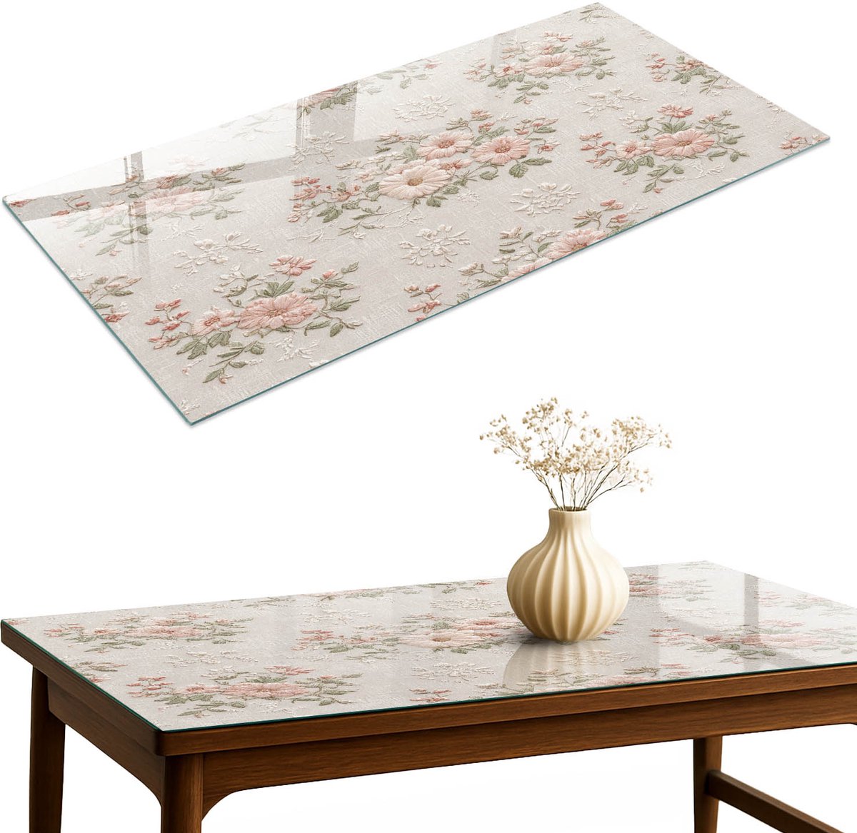ArtPrintCave Bloemenpatroon Glazen Tafelblad 120x60 cm - Tafelblad Rechthoek - Beige Tafelblad Glas - Bloemen en planten Terrastafel