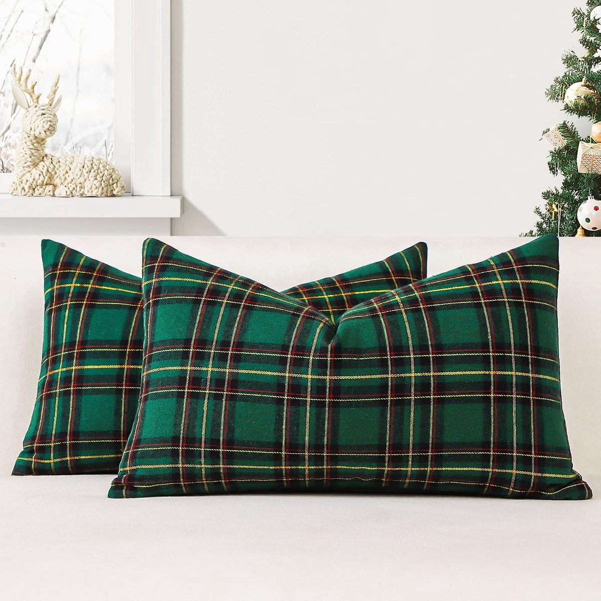 Set van 2 Klassieke Plaid Kussenslopen 40x60cm - Kerst, Schotse Tartan, Decoratieve Kussens voor Woonkamer en Slaapkamer (Groen Zwart)
