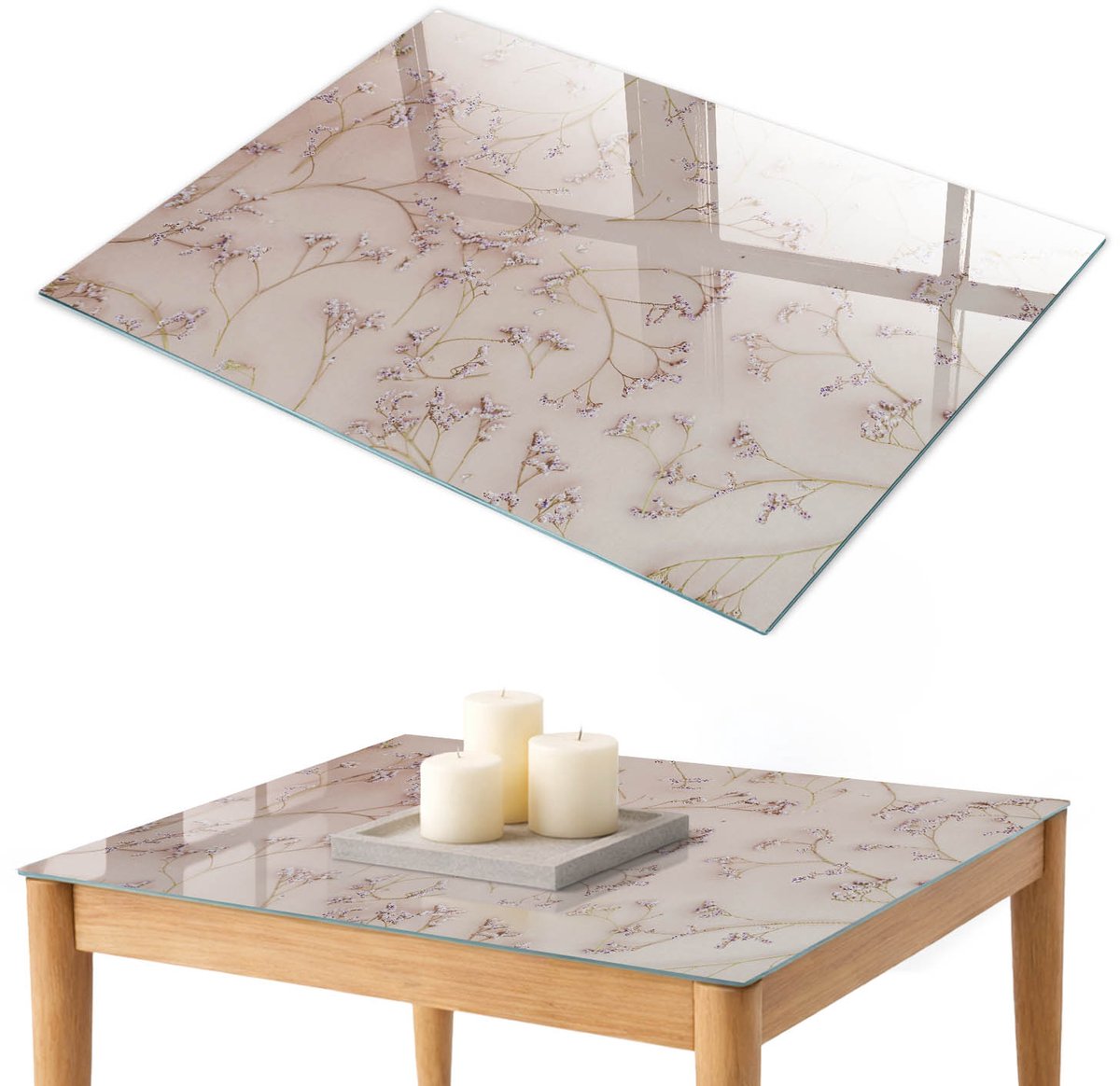 ArtPrintCave Bloemenpatroon Glazen Tafelblad 100x70 cm - Tafelblad Rechthoek - Romig Tafelblad Glas - Bloemen en planten Terrastafel