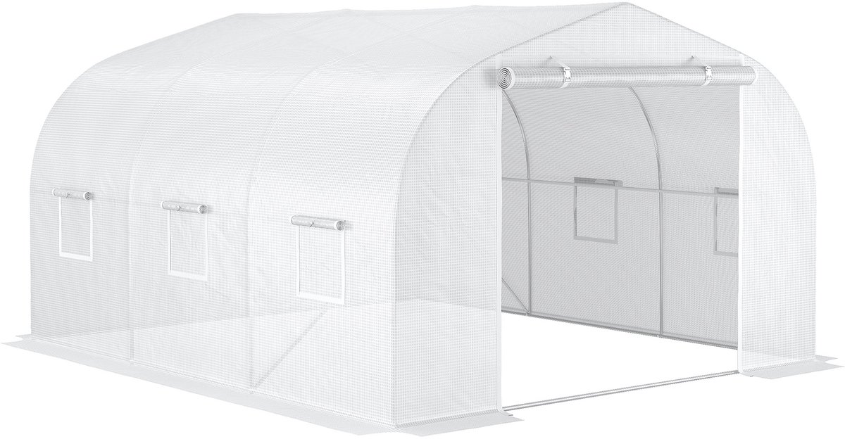 Tuinkas, tuintunnel, afmetingen: 3,5 x 3 x 2 m, deur + 6 oprolbare ramen, verzinkt staal, PE-zeil met hoge dichtheid, Waterdicht doek wit