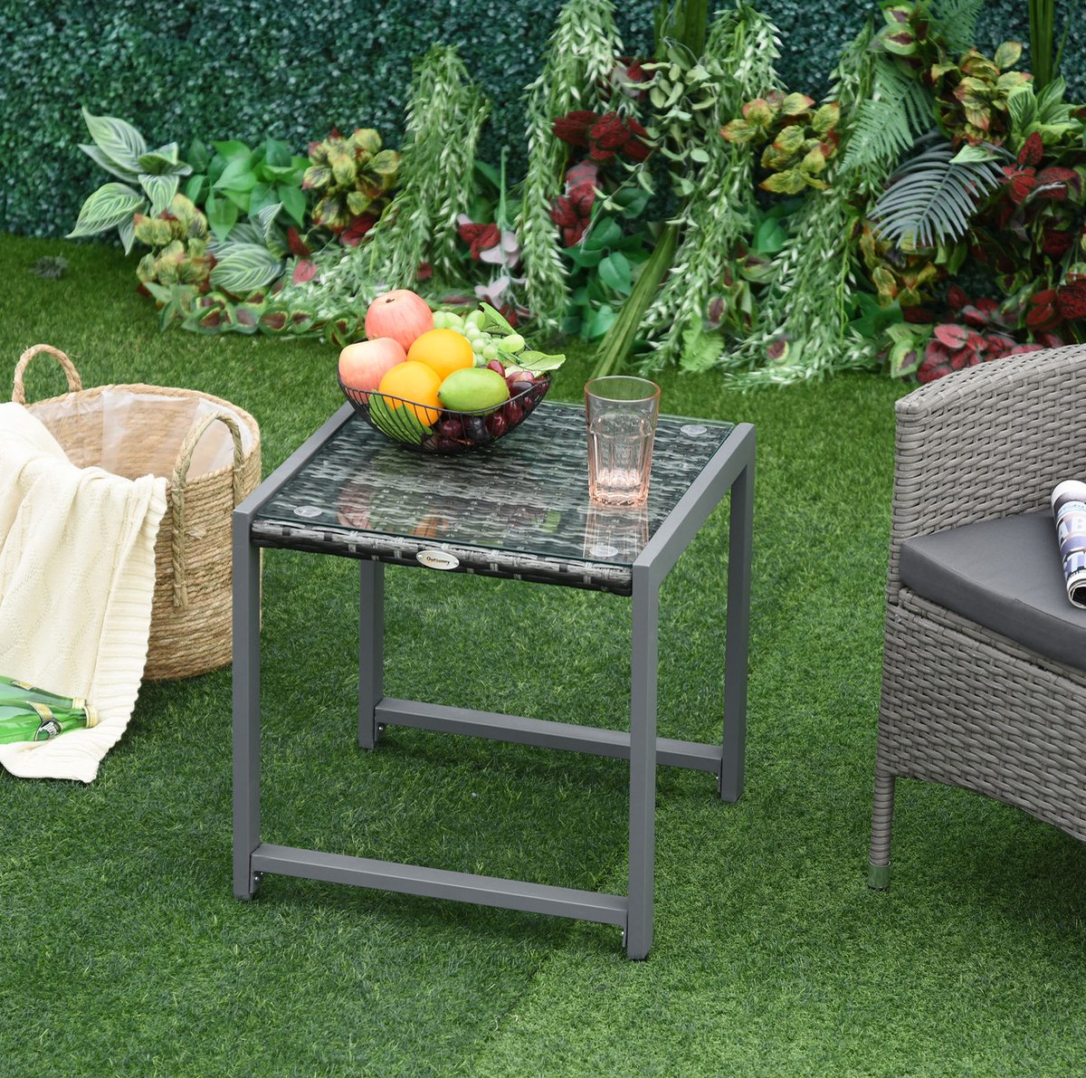 MEUNIQ bijzettafel voor tuin, balkon en terras 50 x 49,5 x 50 cm met gehard glazen tafelblad, aluminium frame en polyrattan afwerking, vierkant, grijs