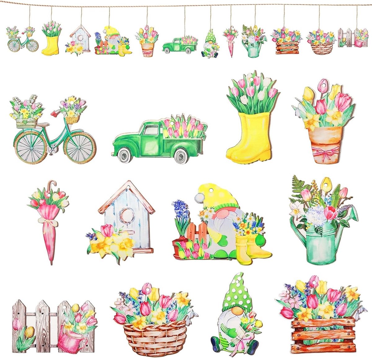 Houten Lente Decoratie - 12 Stuks Hangende Pendants met Lente Bloemen, Dwergen en Tulpen voor Takken, Deuren en Tuinen