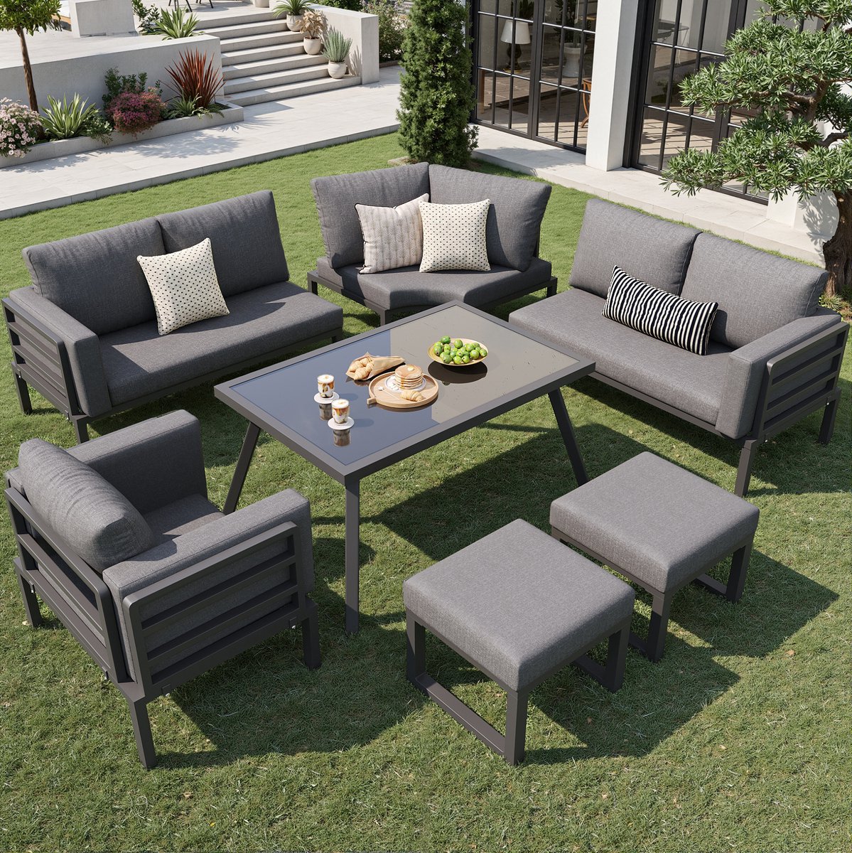 DESMIU Loungeset 8 Personen - Modulaire Hoekopstelling Met Glazen Tafel En Kussens - Voor Tuin, Terras En Balkon - IJzer Grijs