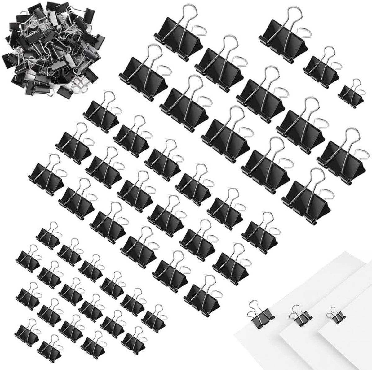 150 stuks vouwklemmen, 15mm/19mm/25mm, metalen klemmen voor papier, multifunctionele clips en bindmiddelen