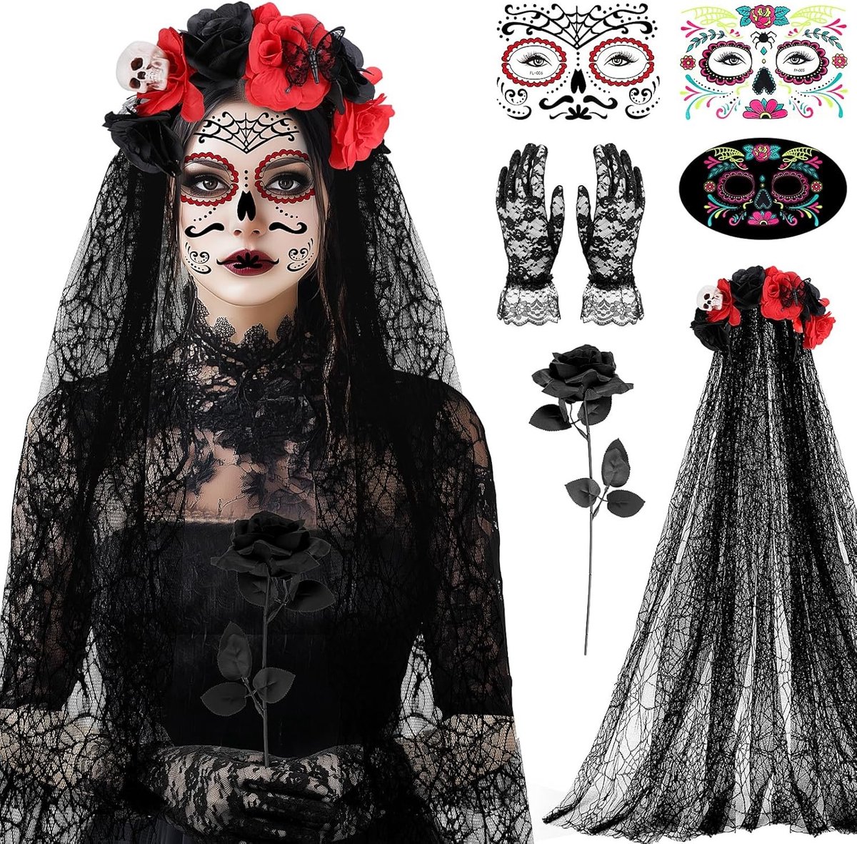 Halloween Kostuum voor Dodenherdenking voor Vrouwen met Hoofdband en Tatoeages - Perfecte Accessoires voor Dia de los Muertos Feestelijkheden