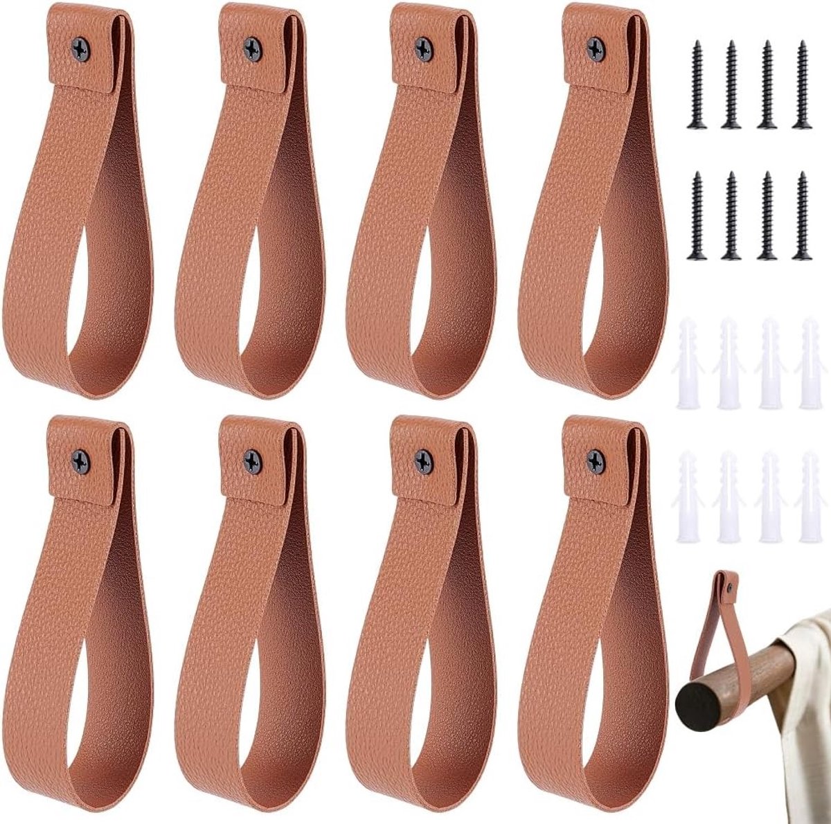 Set van 8 PU-lederen gordijnroedehouders van 26,8 cm met schroeven voor wandmontage, decoratieve muurhaken en bevestigingsbanden voor gordijnen, handdoeken en accessoires