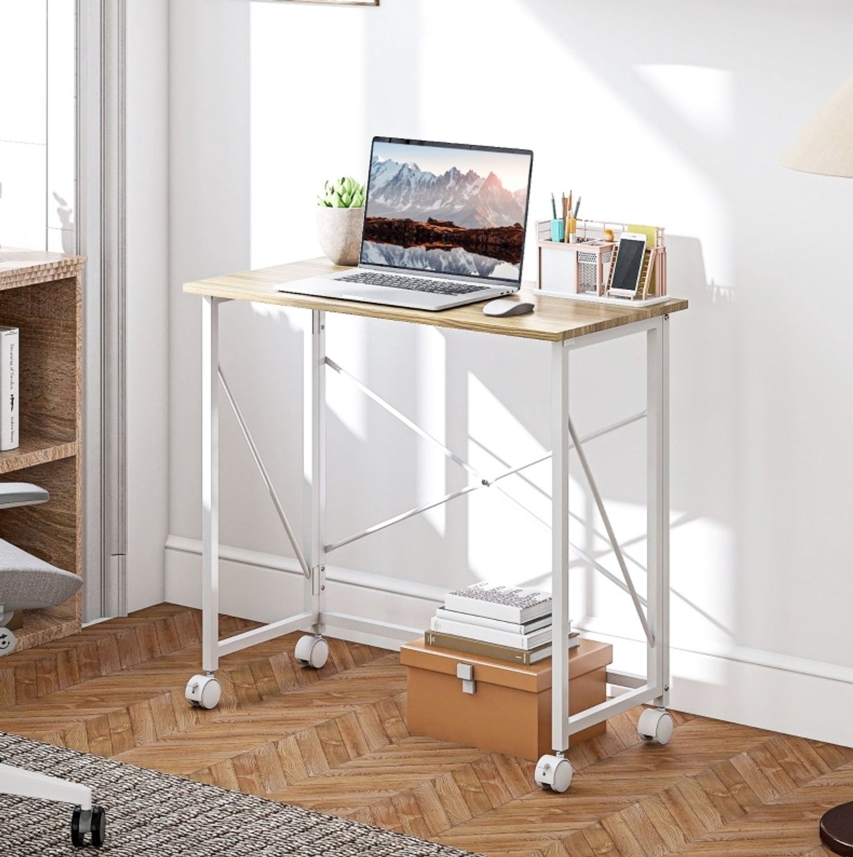 MIVRAY Bureau - Klapbaar Bureau Met Wielen En Ruimtebesparend Ontwerp - Voor Studeerkamer En Kleine Woning - MDF En Staal - 80x40x75 Cm - Naturel