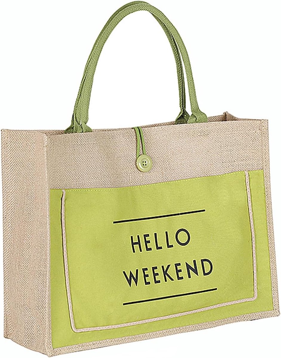 Duurzame Jute Tote Bag, Herbruikbare Tas voor Winkelen, Strand en Picknick met Geprinte Letters voor Dames en Heren