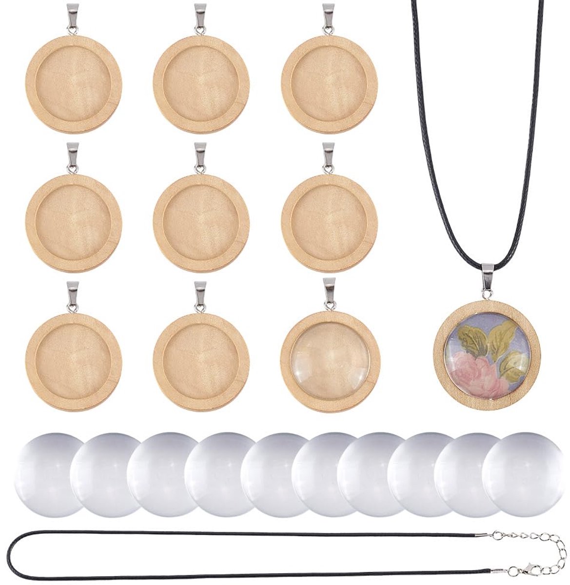 Cabochon Halskettingset Bezel Hangertrays Houten Hangerblad Cabochon Blanks Platte Ronde Houten Hangerbases Met Glas Cabochon Bezel Instellingen voor Sieraden Maken Kits DIY