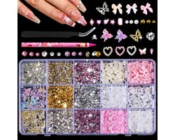 Charms and Gems, Pink Cute Bow Heart 3D Flower Charms for Junk Cases kit, Gold Chunky Butterfly Charms for Nails Design,Nail jewels Diamond Rhinestones, Beads Pearls