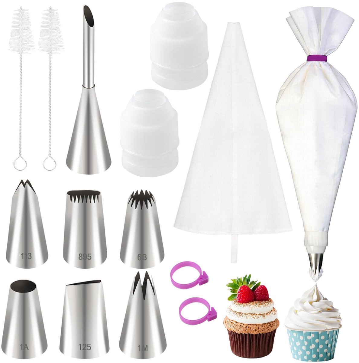 15-delige spuitmondenset, met 7 verschillende roestvrij stalen herbruikbare spuitmonden, 2 katoenen spuitzakken, adapter en borstel, voor professionals en hobby, taartdecoratie, accessoires voor