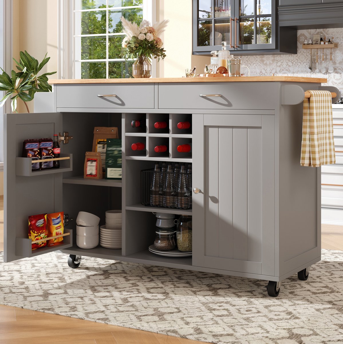 DESMIU Keukenkast - Keukeneiland Met Wielen En Flexibele Opbergruimte - Voor Keuken En Eetkamer - MDF En Metaal - 102x45x92 Cm - Grijs