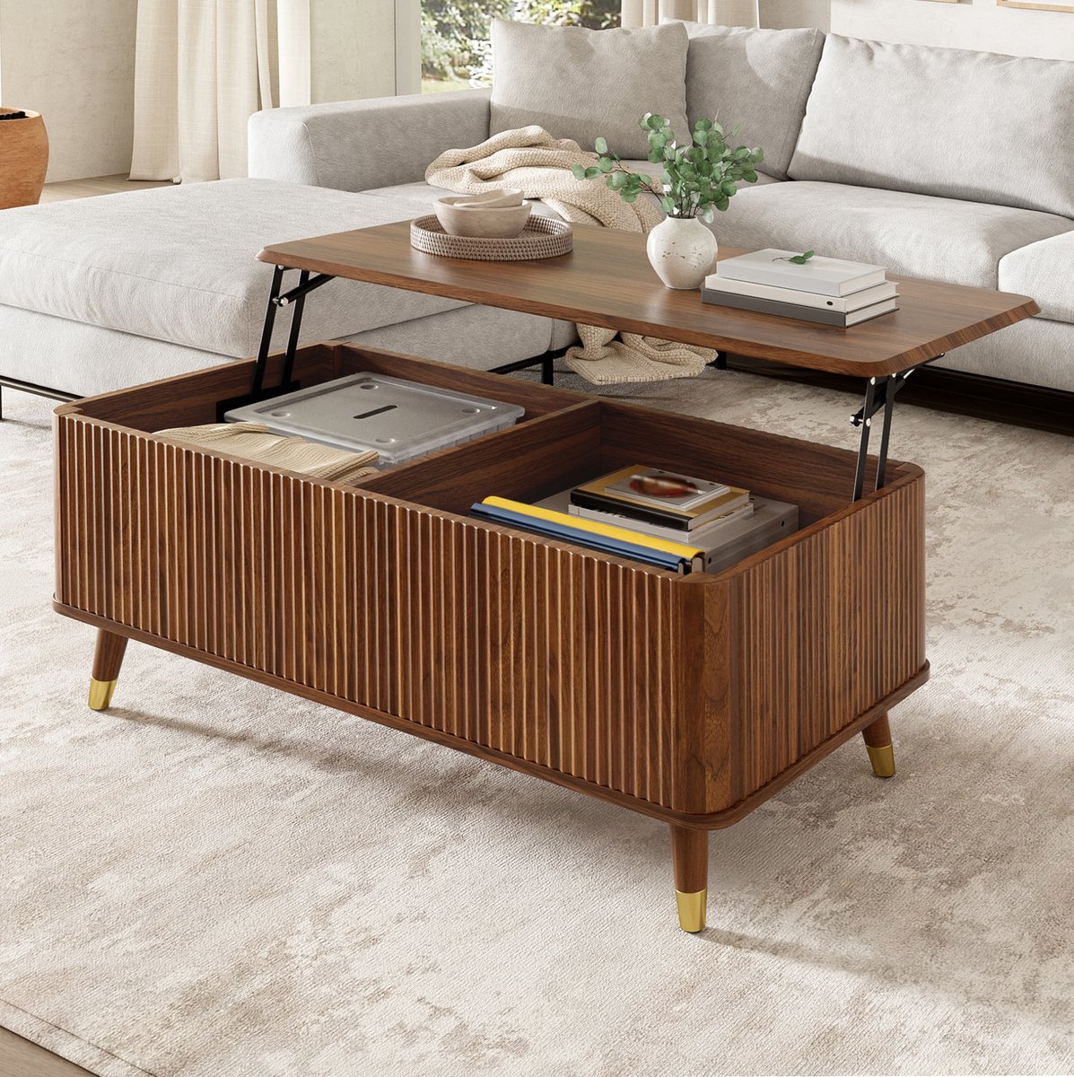 STILVORA Salontafel - Hoogteverstelbaar Tafelblad Met Opbergruimte - Voor Woonkamer En Kleine Ruimtes - MDF - 97x52x56,5 Cm - Walnoot