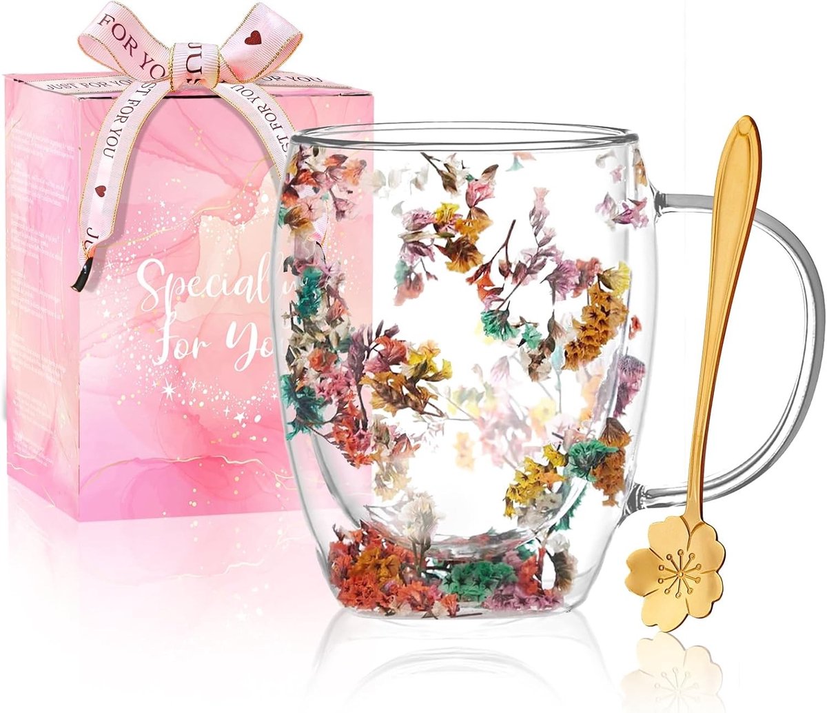 Drogen Bloemen Dubbelwandige Glazen Koffiemokken Schattige Glazen Theekopjes met Handvatten voor Herfst, Kerst en Verjaardagscadeaus voor Vriendinnen en Moeders