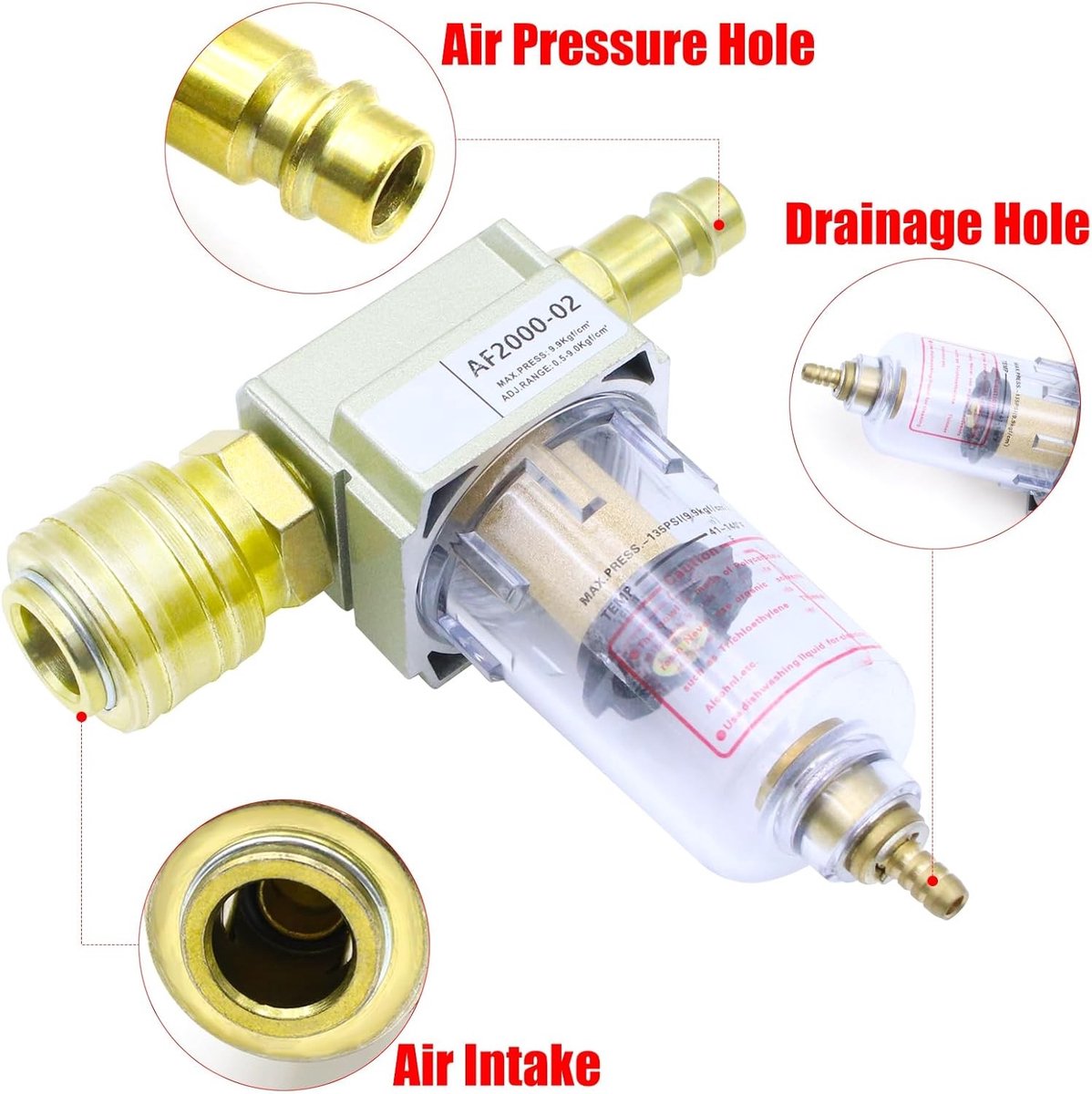 Water-olie afscheider 1/4 inch voor perslucht met 4 snelle koppelingen en Teflon filter voor compressor, ideaal voor luchtcompressoren en luchtbehandeling – foto 3
