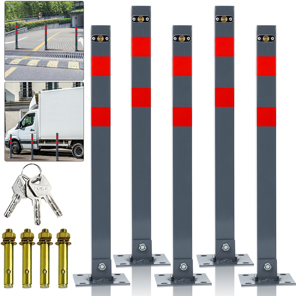Set van 5 parkeerpalen met slot 67 cm, grijze metalen afzetpalen voor oprit en parkeerplaats