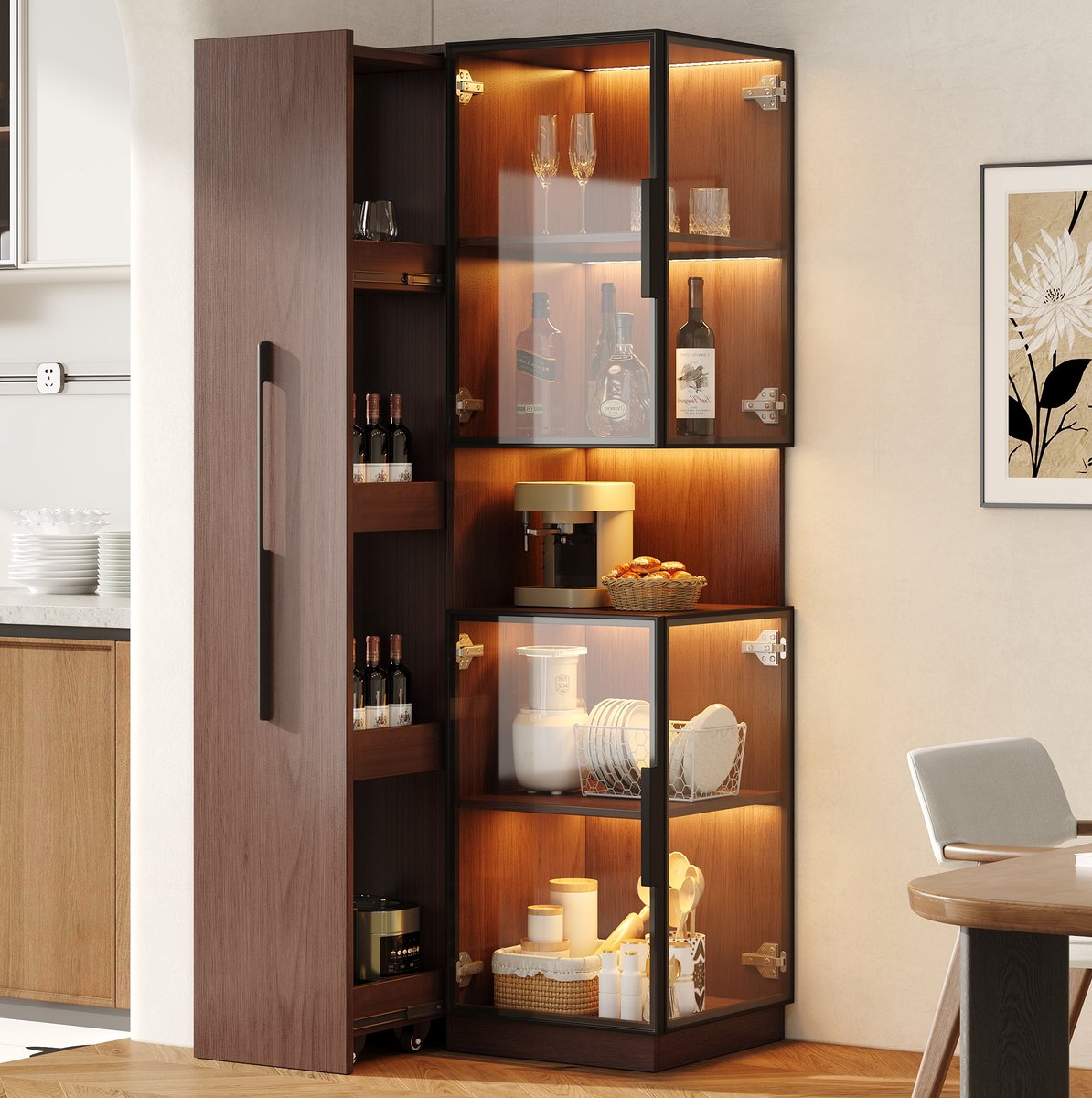 MIVRAY Vitrinekast - Dubbel Glas Met LED En Zijrekken - Voor Woonkamer En Eetkamer - MDF En Glas - 70x38x160 Cm - Walnootbruin