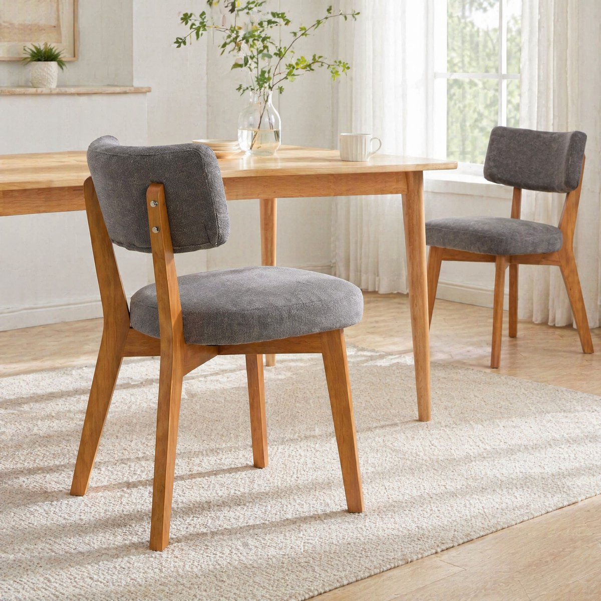 DESMIU Eetkamerstoel 47 Cm - Set Van 2 Met Ergonomische Rugleuning En Gewatteerde Zitting - Voor Eetkamer Keuken Of Kantoor - Stof En Hout - Grijs