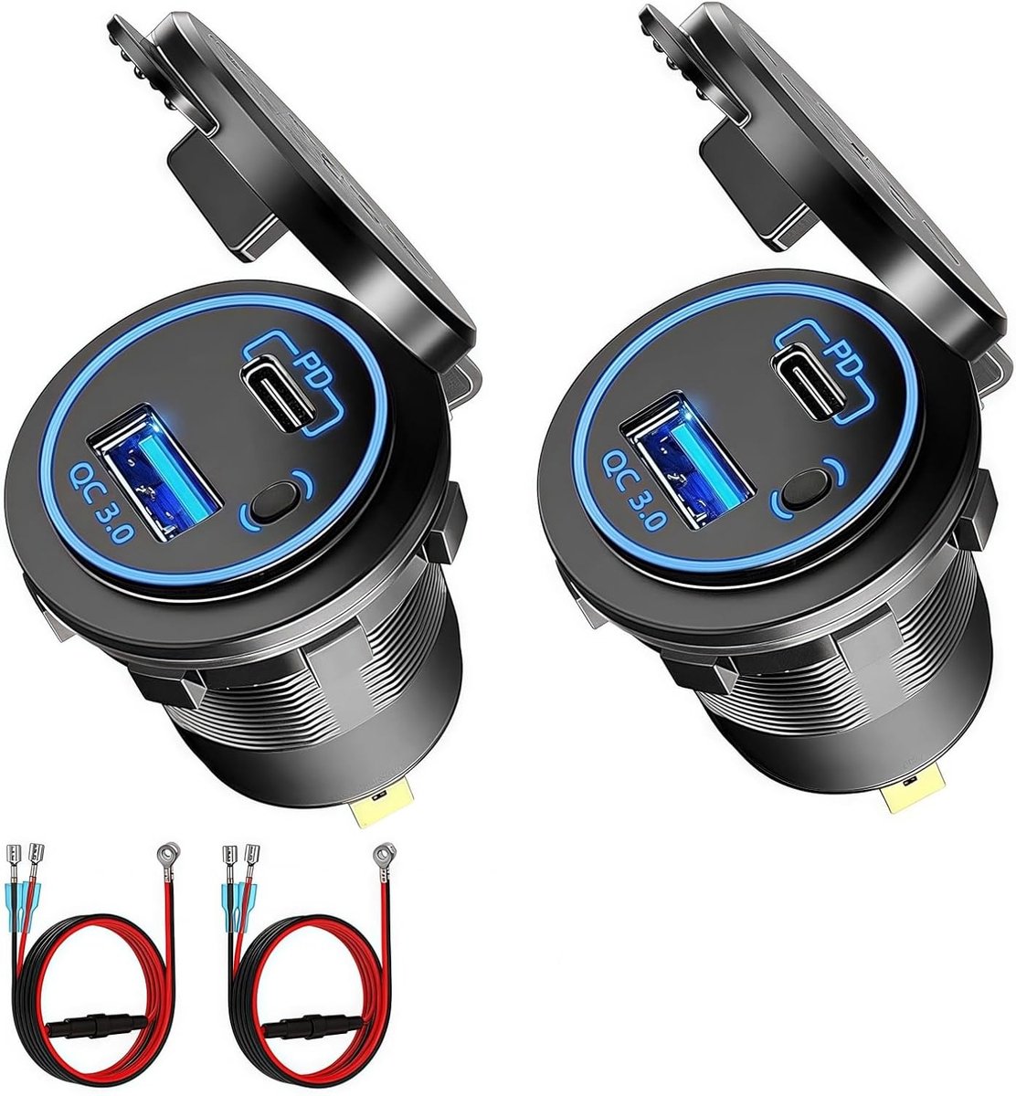 Thijox - 12V USB-aansluiting, 54W Dubbele Poort Oplader met Snellading (QC3.0 + PD) voor Auto's, Motoren, Vrachtwagens en Boten - 2 Stuks