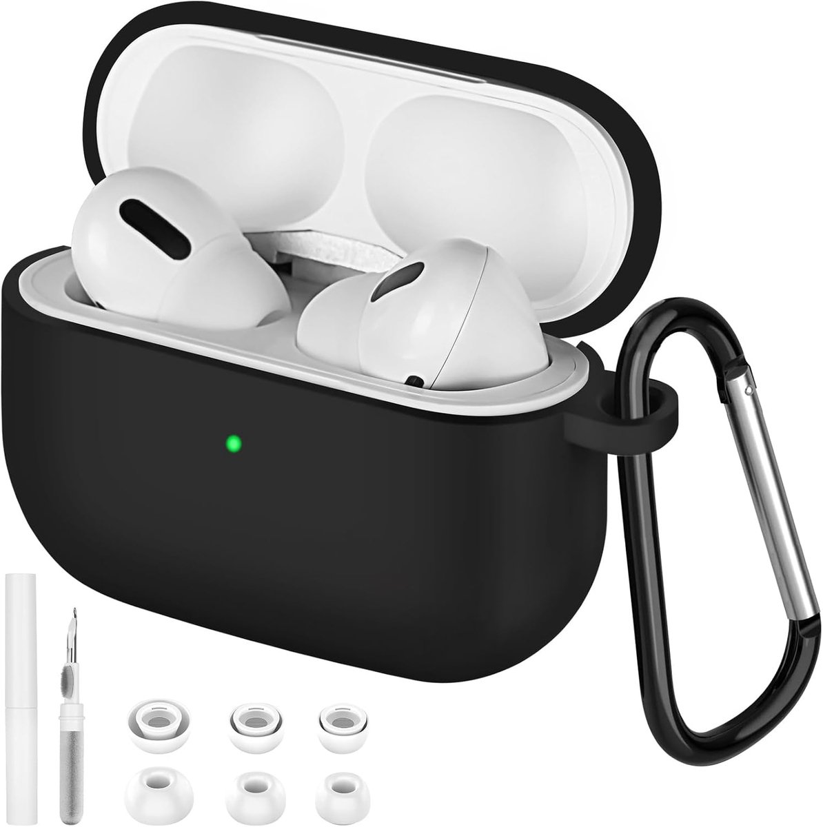 Thijox - AXFEE Beschermhoes voor AirPods Pro 2/1 2022, Schokbestendige Zachte Siliconen Hoes met Reinigingsset en Karabijnhaak, Zwart