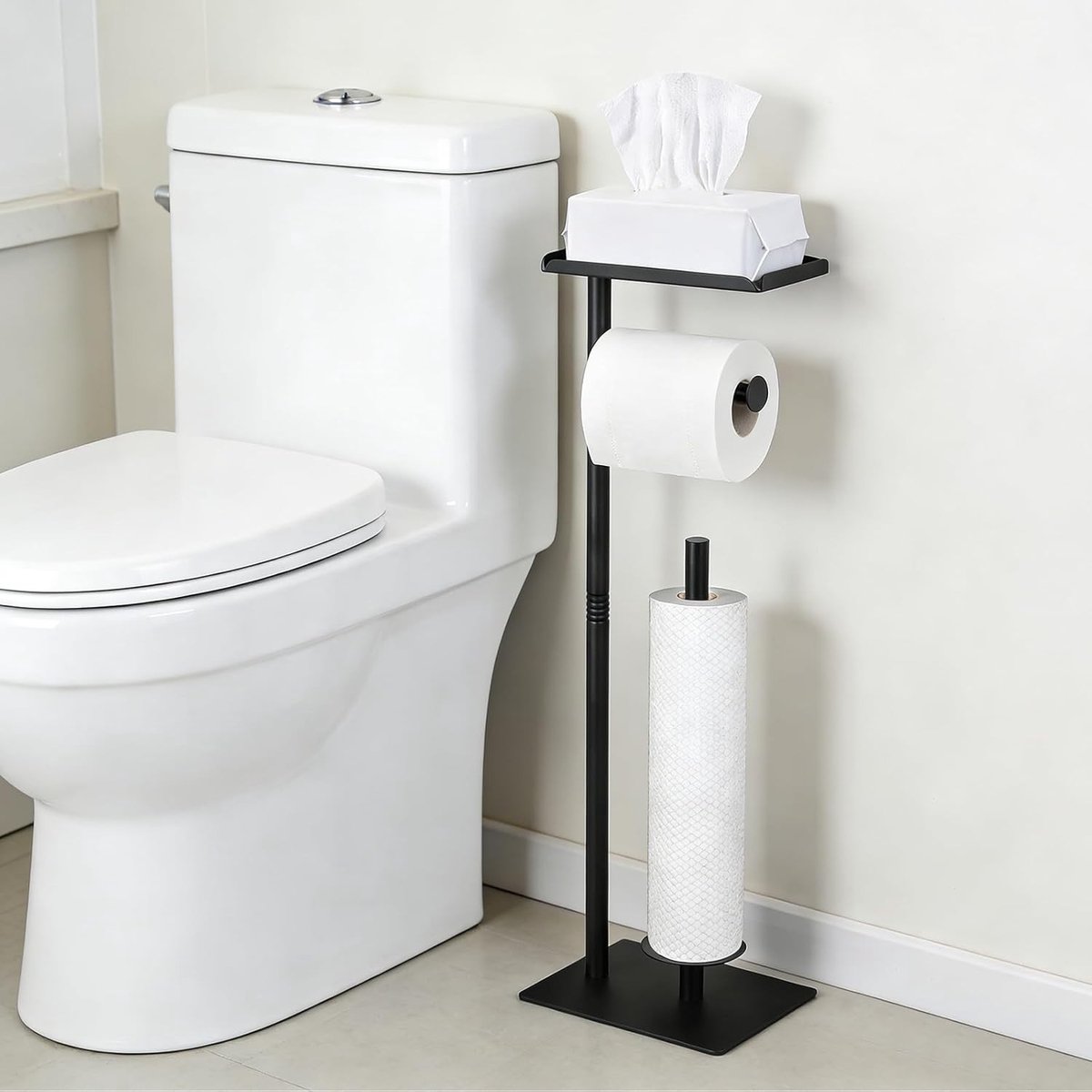 Vrijstaande Toiletpapier Houder Zwart met Bovenste Opbergrek - Dispenser voor 4 Vervangrollen en Badkameraccessoires
