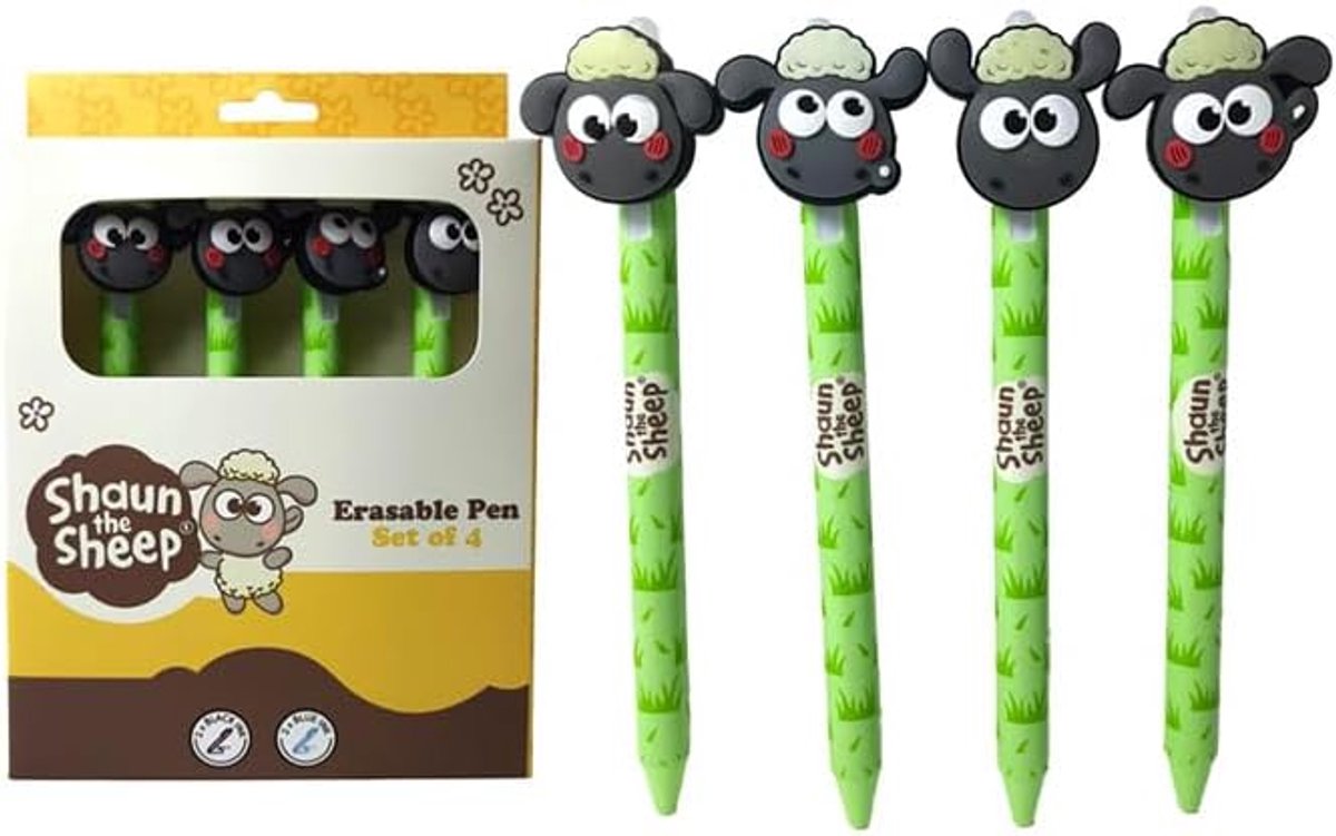 Thijox - Set van 4 Uitwisbare Pennen met Kawaii Shaun het Schaap Topper - Schattige Gel Pennen voor Kinderen, School en Kantoor - Esthetische Back To