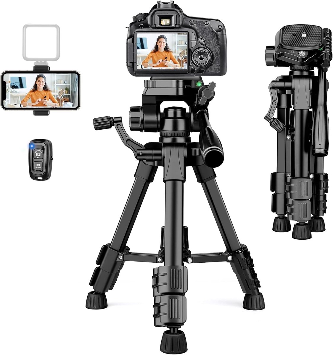 Thijox - Mini Statief 63,5 cm Aluminium Camerastatief voor DSLR, Videocamcorder, Projectoren & Smartphone met Telefoonhouder en Afstandsbediening