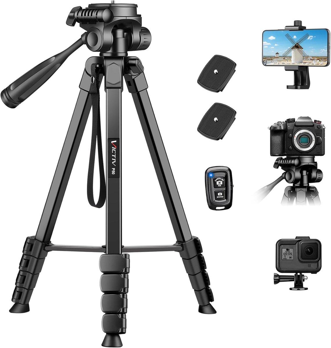 Thijox - Professioneel Camerastatief 172 cm, Draagbaar Aluminium Fotostatief met Afneembare 3-Weg Kop voor DSLR, iPhone en Samsung, Ideaal voor Foto's