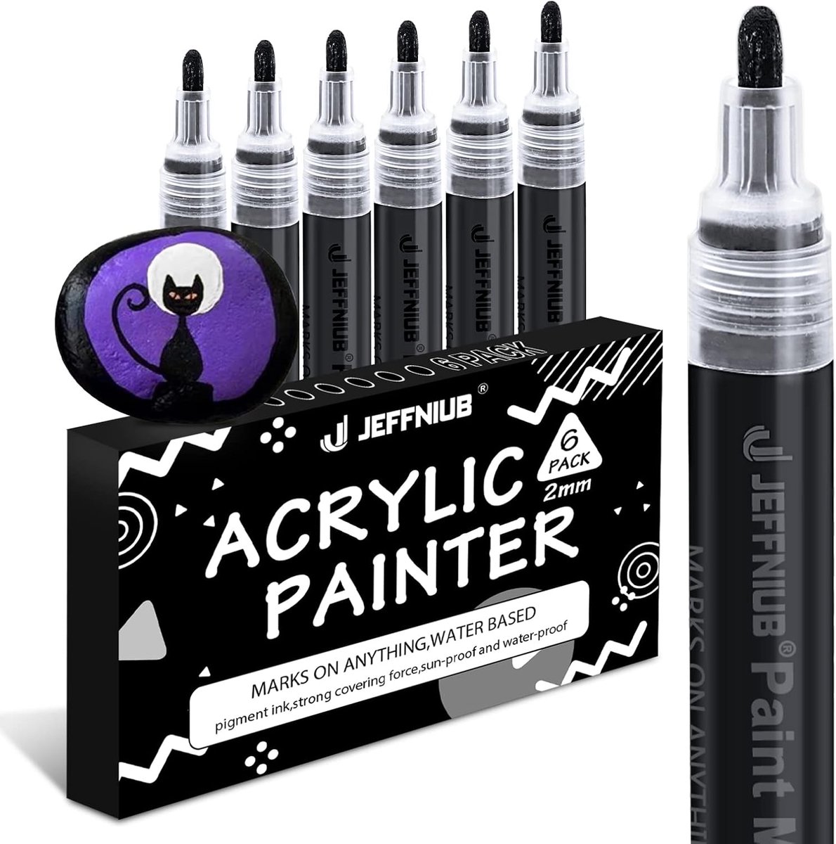 Thijox - Zwarte Acrylstiften Dikke Punt 6 Stuks - Waterdichte Markeer Stiften voor Hout, Metaal, Glas, Stof en Stenen - Acrylverf Set voor Creatieve P