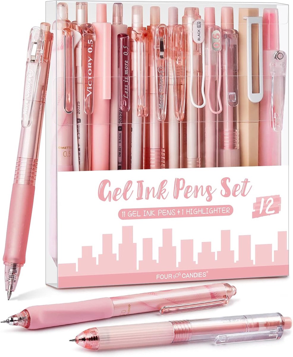 Thijox - Four Candies Set van 12 Pastelkleurige Gelinktstiften, 0,5 mm Intrekbaar, 11 Zwarte Inktpennen en 1 Markeerstift voor School en Kantoor (Roze