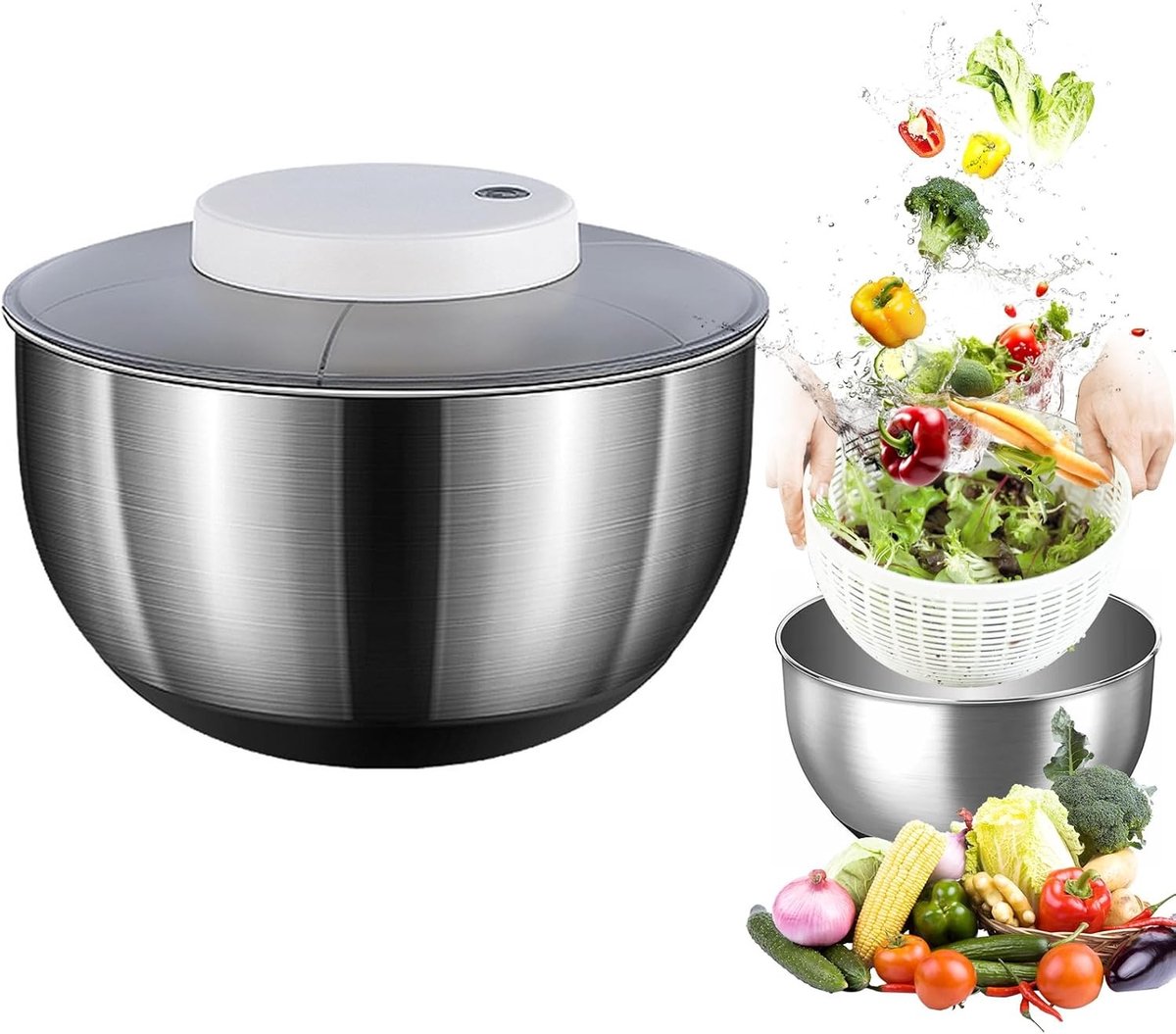 Grote RVS Salade Spinner met Automatische Swing Mechanisme, Antislip Onderkant en Oplaadbare Functie voor Groenten en Fruit, Ideaal voor Salades en Groenten drogen