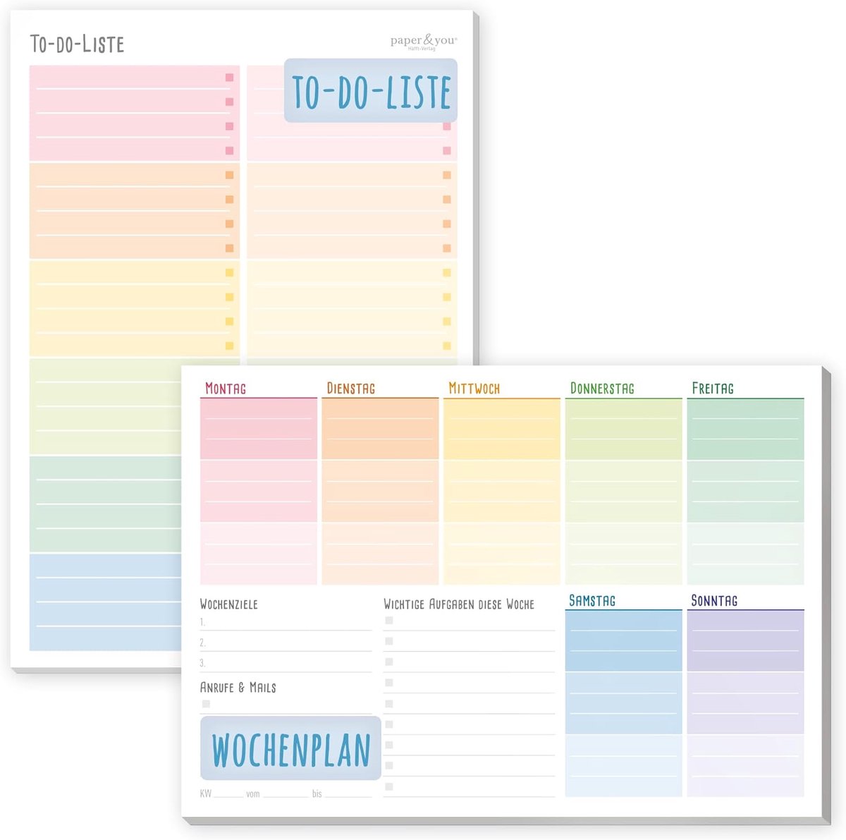 Thijox - Paper&You Set van 2 A5 To-Do Lijst Pad & Weekplanner Rainbow - 2 x 50 Vellen - Ruimte voor Notities - Duurzaam & Klimaatvriendelijk - Perfect