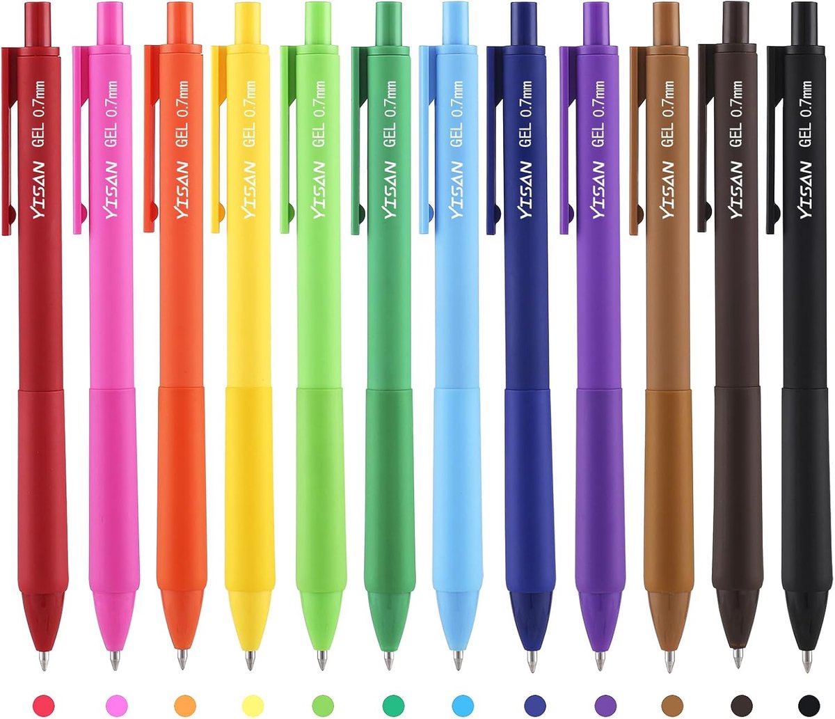 Thijox - Intrekbare balpennen set van 12 kleuren, sneldrogende gel-inktpen met zachte siliconen grip, 0,7 mm voor schrijven, notities, creatief gebrui