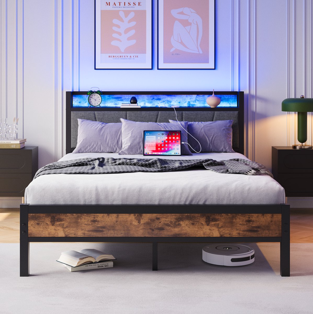 MIVRAY Bed 140x200 Cm - Tweepersoonsbed Zonder Matras Met LED, USB en Opberg Hoofdbord - Geluidsarm - MDF en Metaal - Antiekbruin