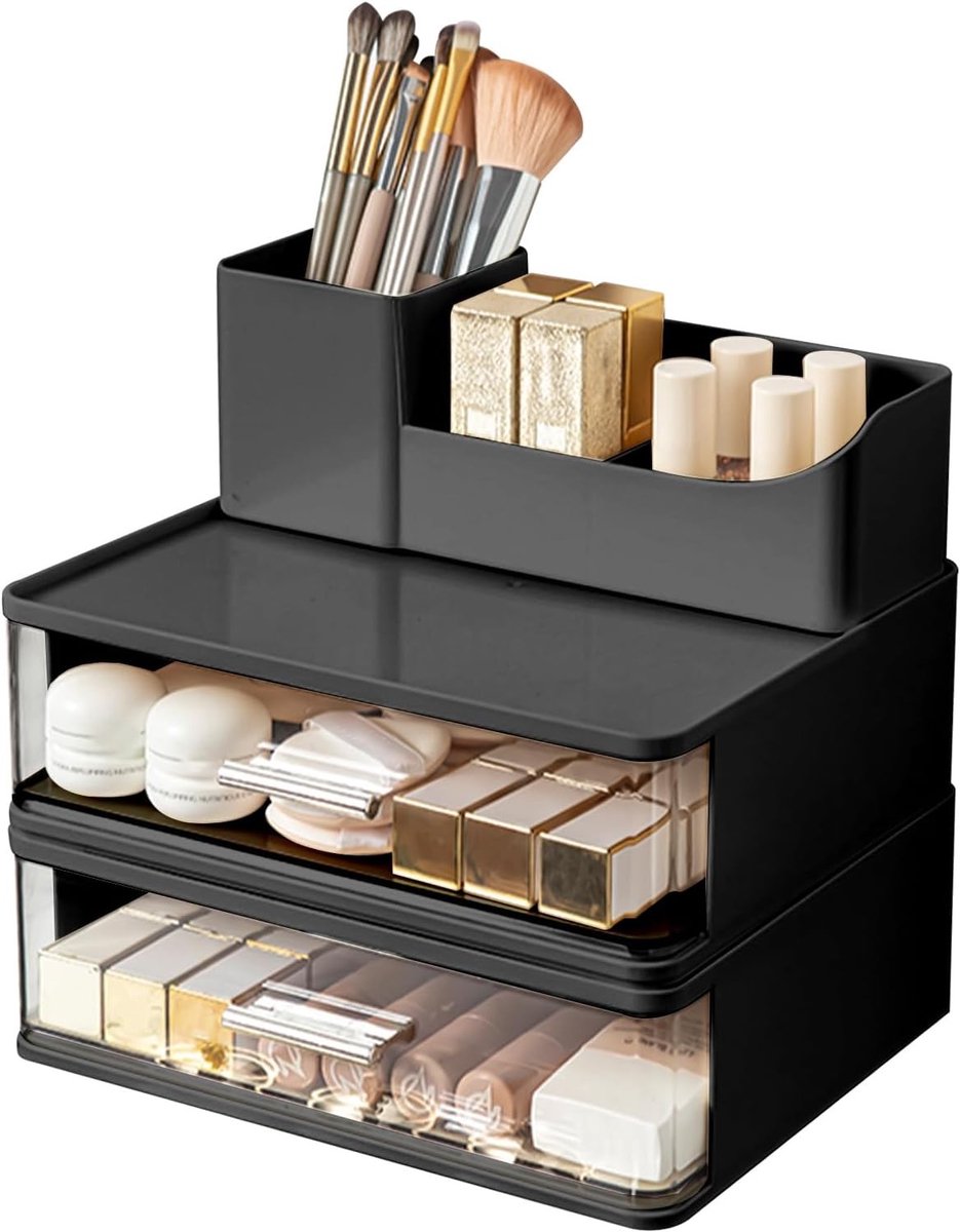 Make-up Organizer met 2 Lades, Stapelbare Cosmetica Organizer voor Make-up, Borstels en Huidverzorging, Ideaal voor Badkamer en Bureau