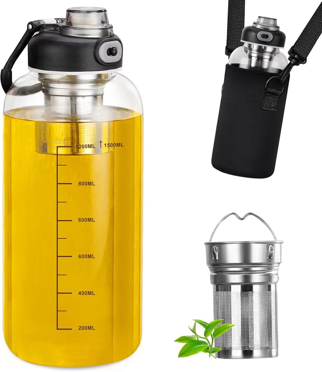 Thijox - Glazen Waterfles 1,5 L - Borosilicaatglas Drinkfles met Theezeef, Lekvrije Sluiting en Twee Drinkopties voor Koude en Warme Dranken, Ideaal v
