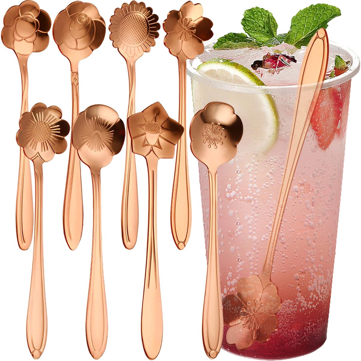 Dailygoods - Koffielepels - Roestvrijstalen Theelepeltjes - Creatieve Bloemen - Rose goud - Koffie en Thee - 8 Stuks - Geschikt voor Dranken en Dessert
