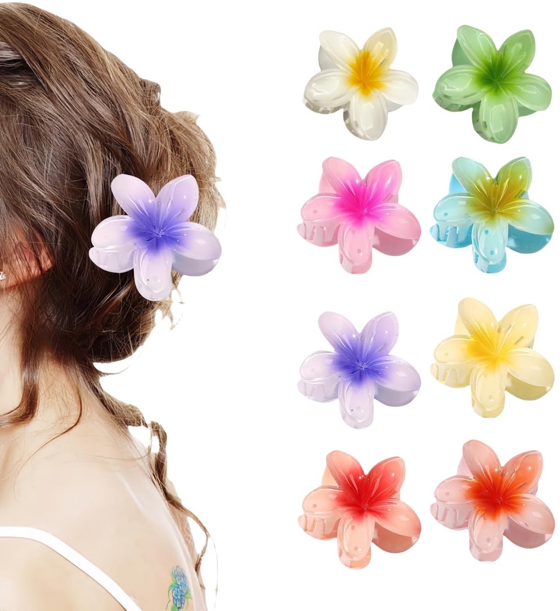 Dailygoods - Aucuu 8 stuks antislip bloemenklauwclips, sterke houvast Hawaiiaanse klauw clip, acryl haarclip voor medium dik haar, Plumeria bloem haar klauw clips, Hawaii haaraccessoires voor vrouwen en meisjes