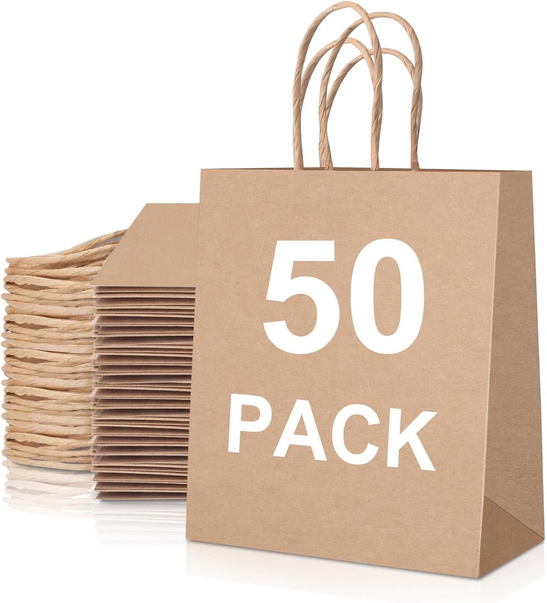 50 Stuks Papieren Zakken van Kraftpapier met Handvatten, Cadeauzakjes voor Verpakking, 27 x 21 x 11 cm, Duurzaam en Milieuvriendelijk