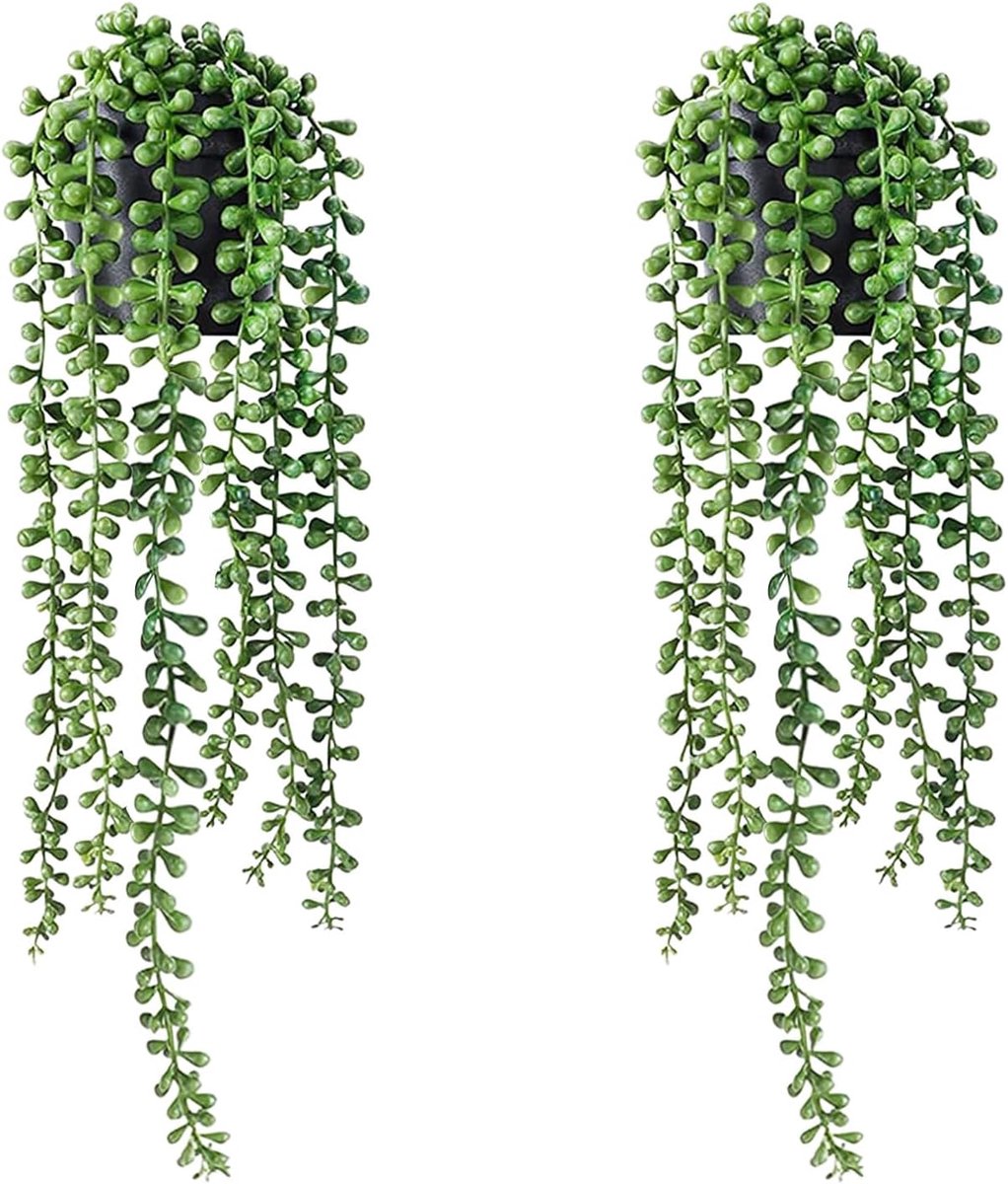 SnelShoppen - Set van 2 Kunstmatige Hangplanten - Nepplanten met Potten - Groen Parelsnoer en Vetplanten - Kunststof - 47cm - Voor Binnen, Buiten, Muu