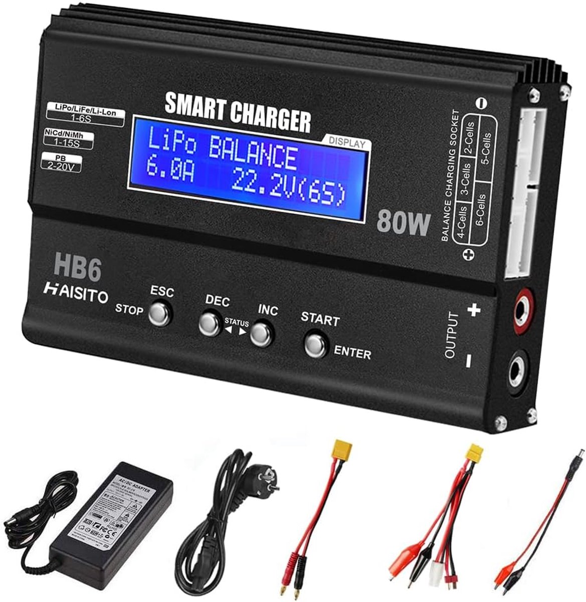 SnelShoppen - Lipo Balancer Charger 80W 6A voor LiPo/Li-ION/LiFe (1-6S), NiMH/NiCd (1-15S), RC Charger met LED Display, Power Supply, XT60/Deans/JST/F