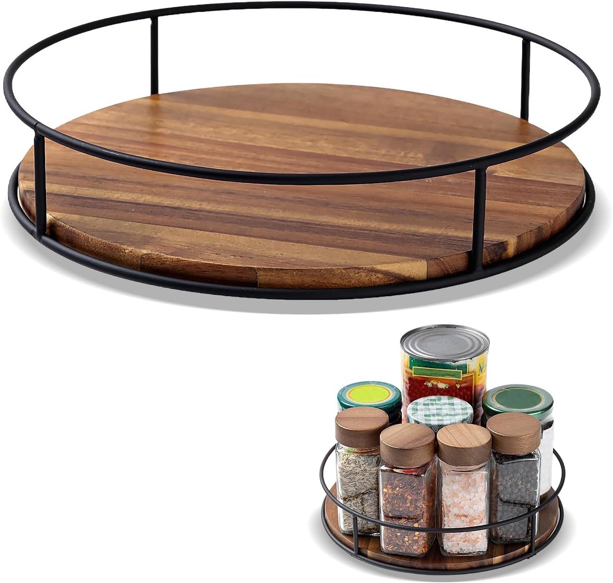 Thijox - Draaibare Drehteller-Organizer van Hout 30 cm - Rond Kruidenrek, 360° Draaitafel Keuken-Organizer, Bruin & Zwart, Perfect voor Kast en Werkbl