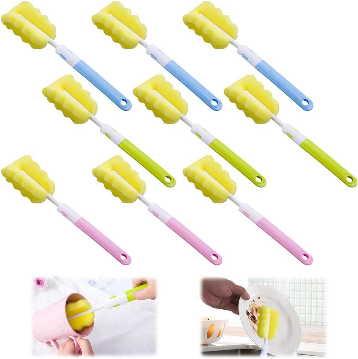SnelShoppen - 9-delige Flesborstel Set met Lange Handgreep, Spons Flesreiniger, 27.7x6cm Krassenvrije Flesborstel voor Flessen, Wijnflessen, Thermosfl