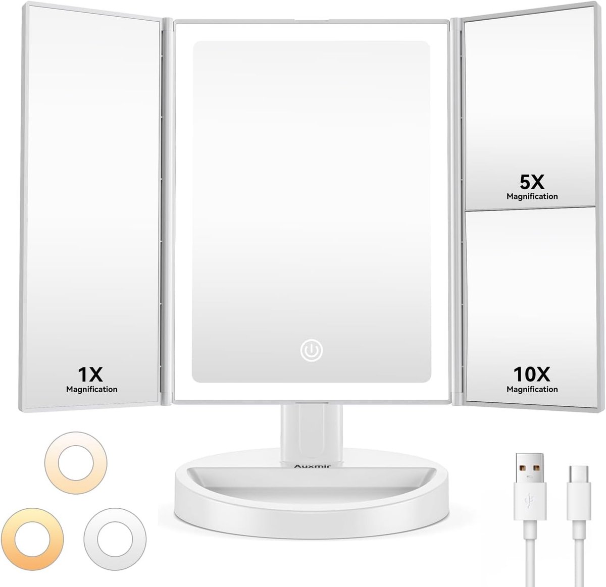 Thijox - Verlichte Make-upspiegel 1X/5X/10X met 68 LED, Drieluik Spiegel met Aanraakscherm, USB Oplaadbaar, 180° Verstelbaar, Cosmetische Spiegel in W